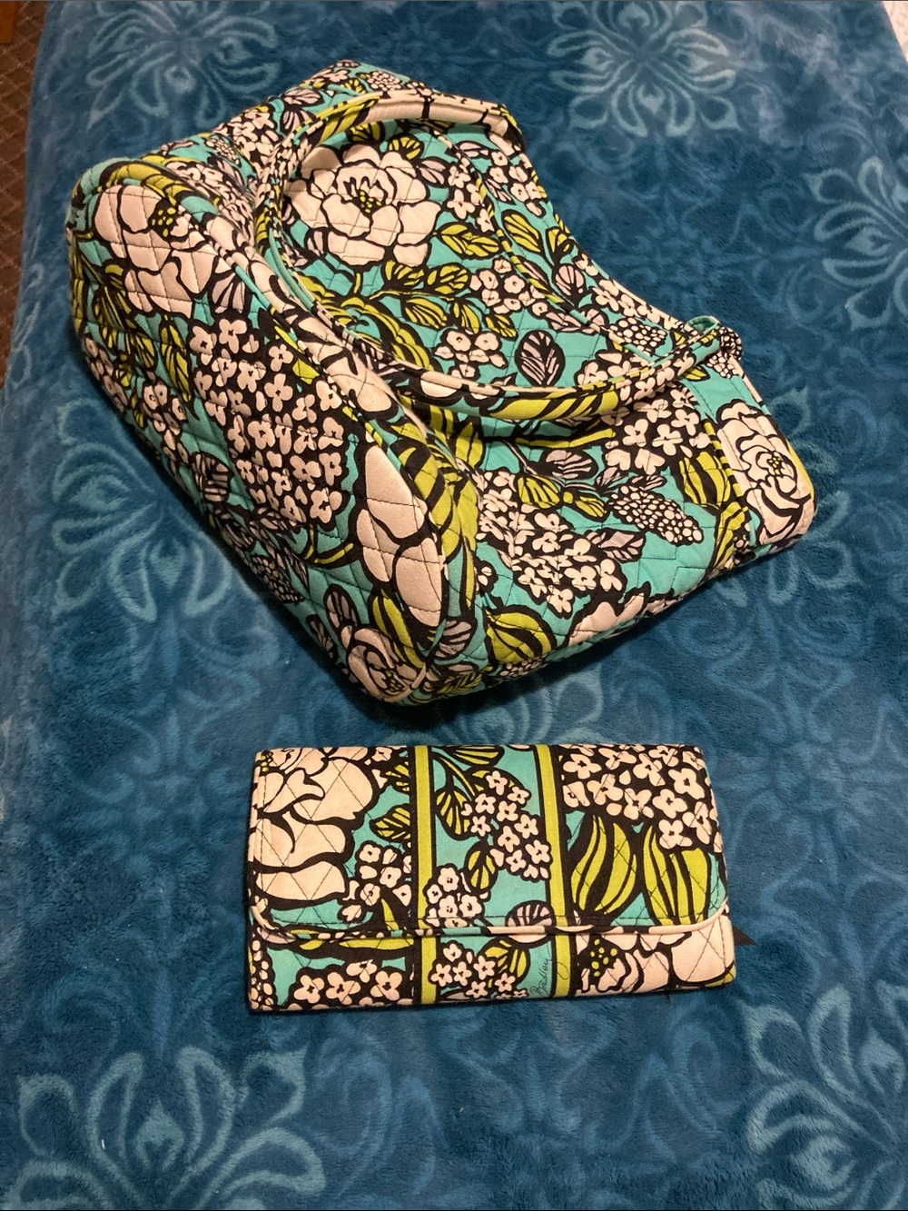 Vera Bradley Turquoise Floral Quilted Tote with Coordinating Wallet